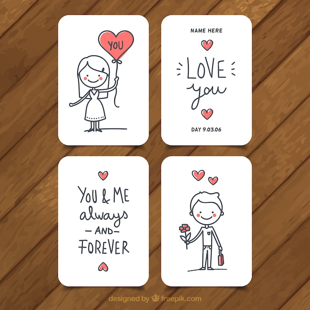 Set of four love cards with red hearts