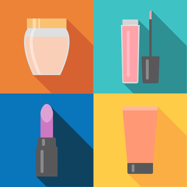 Vector set of four makeup items in flat style with shadow. vector illustration.