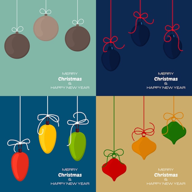 クリスマスボールと4つのメリークリスマスと新年あけましておめでとうございますの背景のセットです。あなたのグリーティングカード、招待状、お祝いのポスターのベクトルの背景。