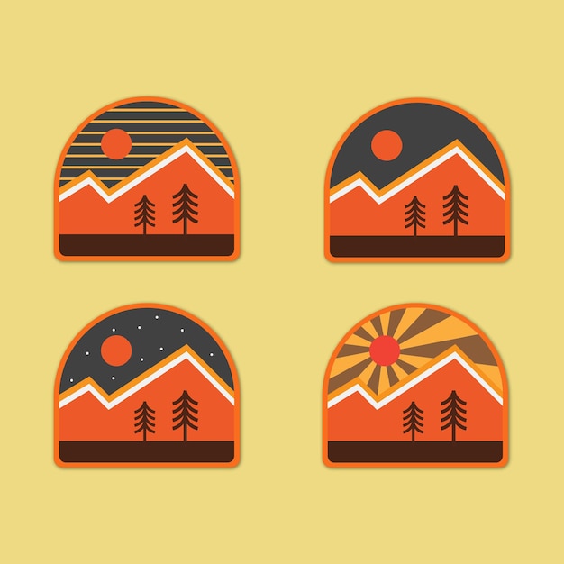 Set of four mountain travel emblems. camping outdoor adventure emblems, badges and logo patches. mountain tourism, hiking. forest art t shirt design