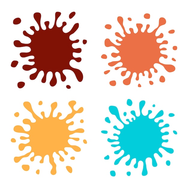 Set of four multicolored hand drawn paint splashes with small splashes and shadows vector illustration