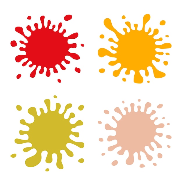 Set of Four Multicolored Hand Drawn Paint Splashes with small splashes and shadows Vector illustration