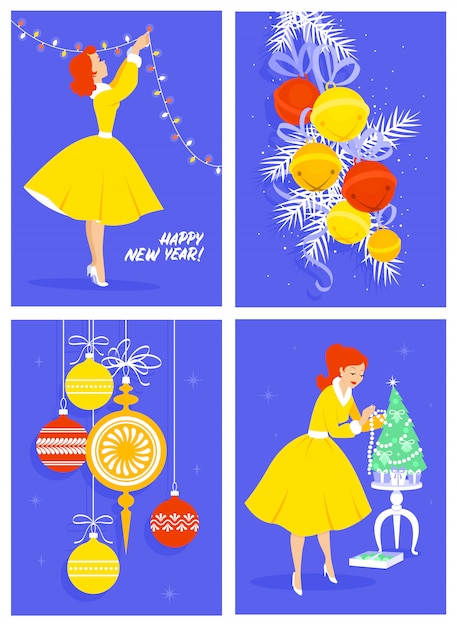 Set of four new year retro greeting cards