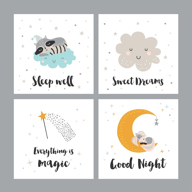 Set of four night cards with cute cartoon characters and phrases.