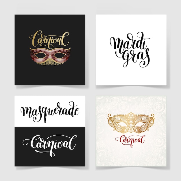 Vector set of four old venetian carnival mask with ornamental floral feather and hand lettering collection