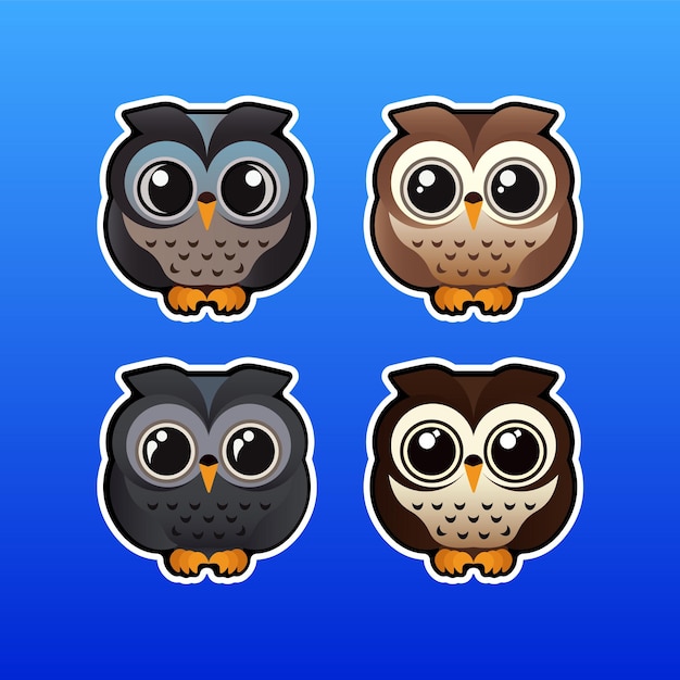 Vector a set of four owls with different eyes.