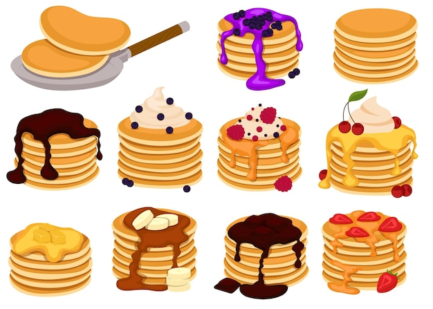 Vector set of four pancakes with different toppings stacks of tasty pancakes with maple syrup butter