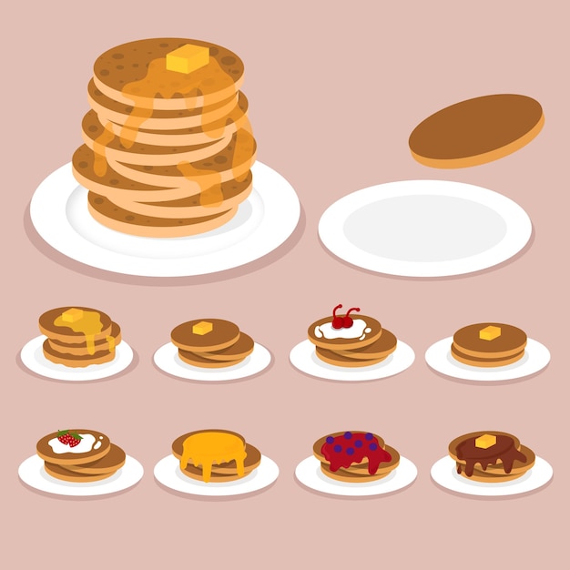 Set of four pancakes with different toppings.