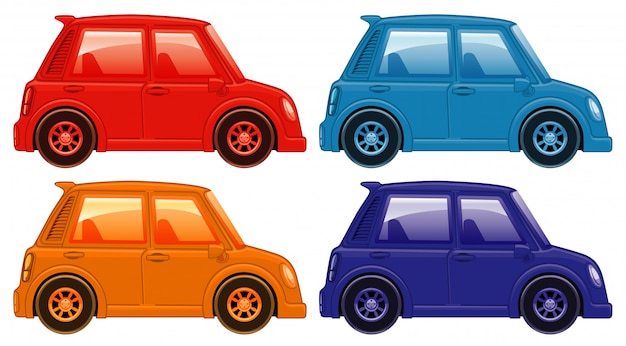 Vector set of four pictures of cars in different colors