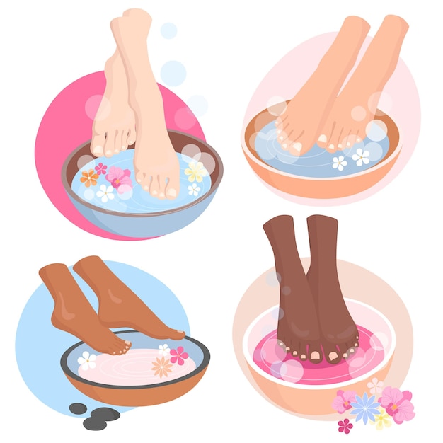 Set of four pictures of spa care for female feet in round bowls with water
