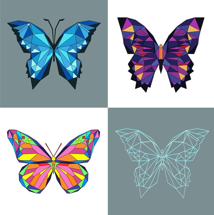 Set of four polygonal colorful butterfly for web sign design