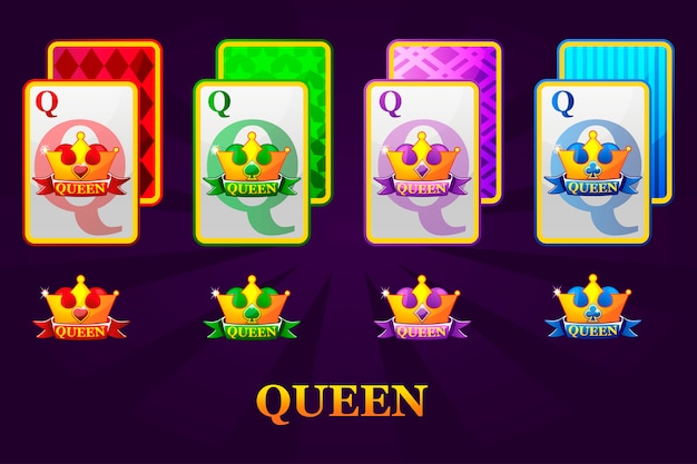 Set of four queens playing cards suits for poker and casino. set of hearts, spades, clubs and diamonds queen.