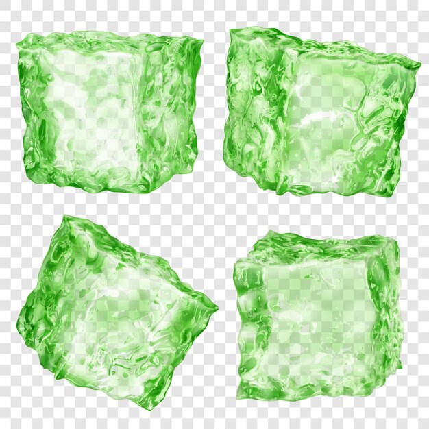 Set of four realistic translucent ice cubes in green color isolated on transparent background. Transparency only in vector format