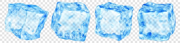 Vettore set di quattro cubetti di ghiaccio traslucidi realistici di colore azzurro isolati su sfondo trasparente trasparenza solo in formato vettoriale