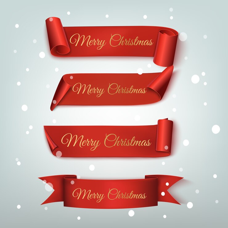 Vector set of four red, merry christmas and happy new year, realistic banners