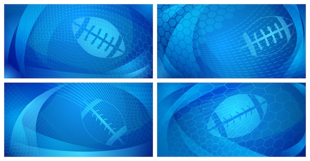 Set di quattro sfondi di rugby con palla grande nei colori blu