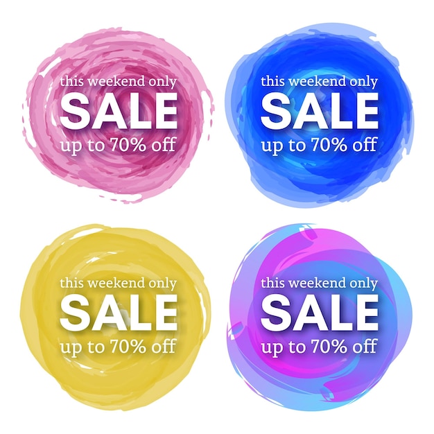 Vector set of four sale this weekend only up to 70 off sign with shadow over red watercolor spot vector illustration