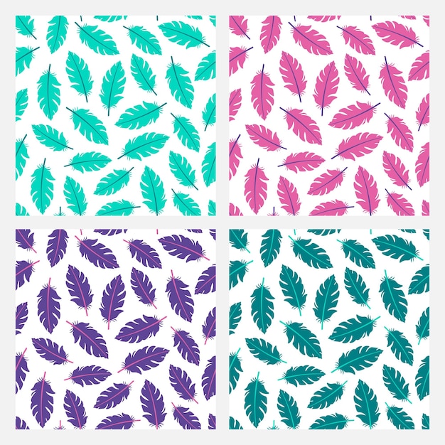 Set of four seamless patterns with colorful feathers