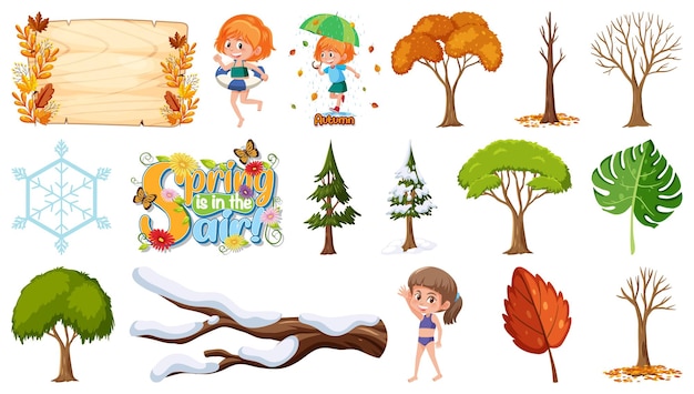 Vector set of four seasons trees and nature objects