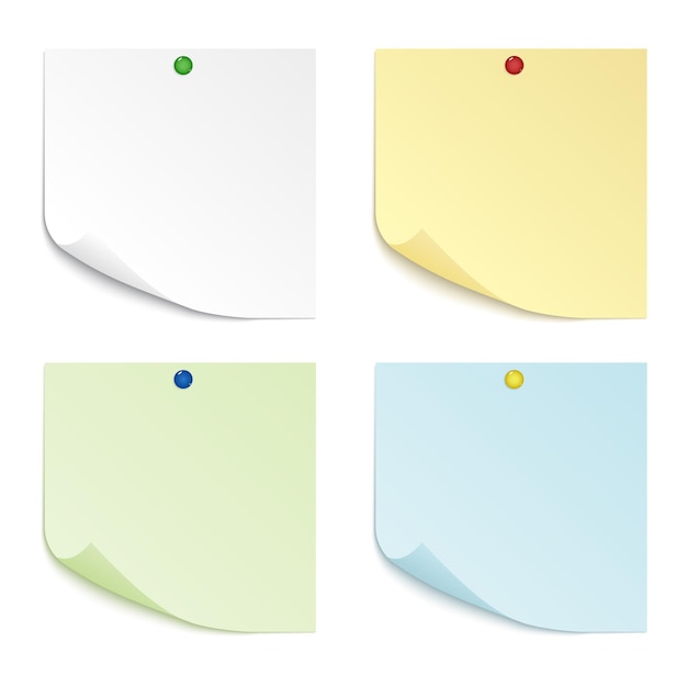 Un set di quattro fogli di carta di diversi colori con angoli curvi, puntina da disegno appuntata.