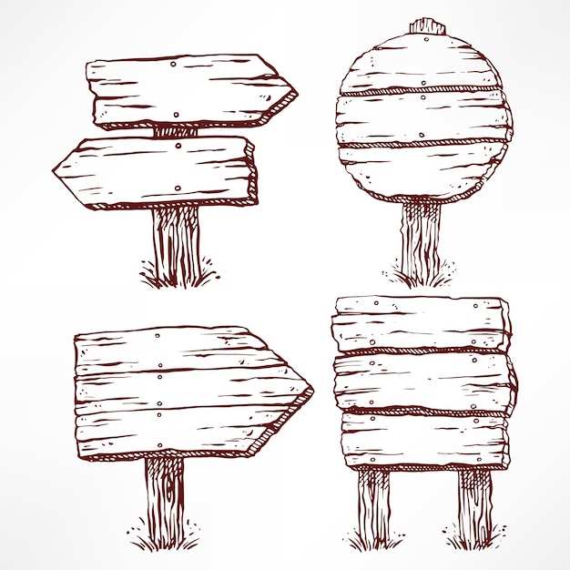 4つのスケッチ木製看板のセット。手描きイラスト