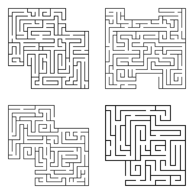 Set of four solated black mazes, labyrinth beginning complexity on white background.