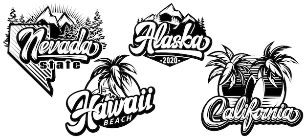 Vector set of four templates of different american states calligraphic stylish lettering for design