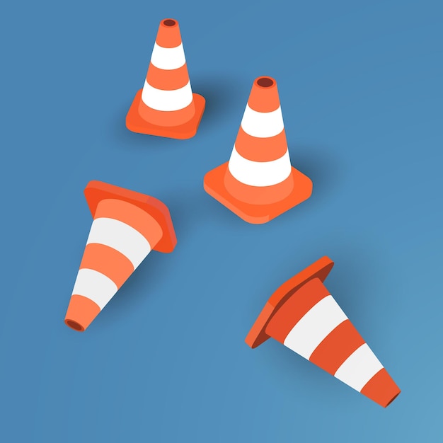 Set of four traffic cones on blue background - vector illustration