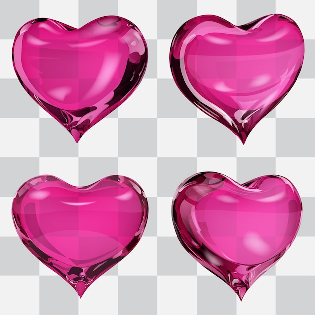 Vector set of four transparent hearts in pink colors