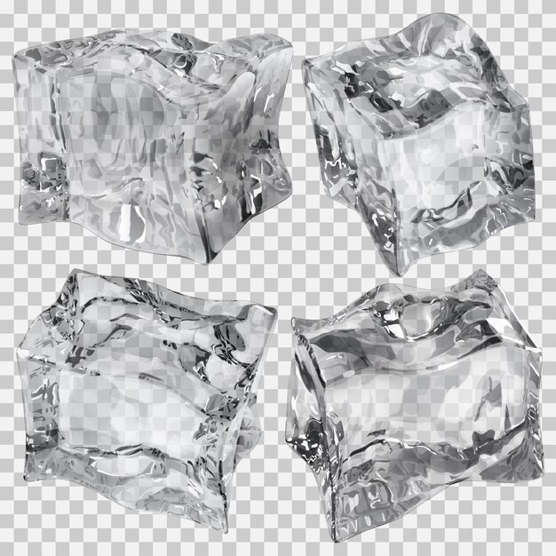 Vector set of four transparent ice cubes in gray colors