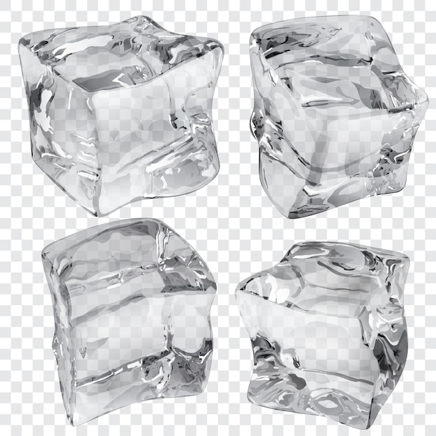 Set of four transparent ice cubes in gray colors