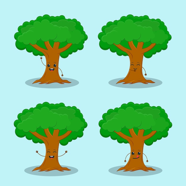 Set of four tree characters with cheerful expressions