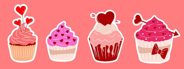 Vector set of four valentine's day cupcake icon with flat style heart isolated on white background.