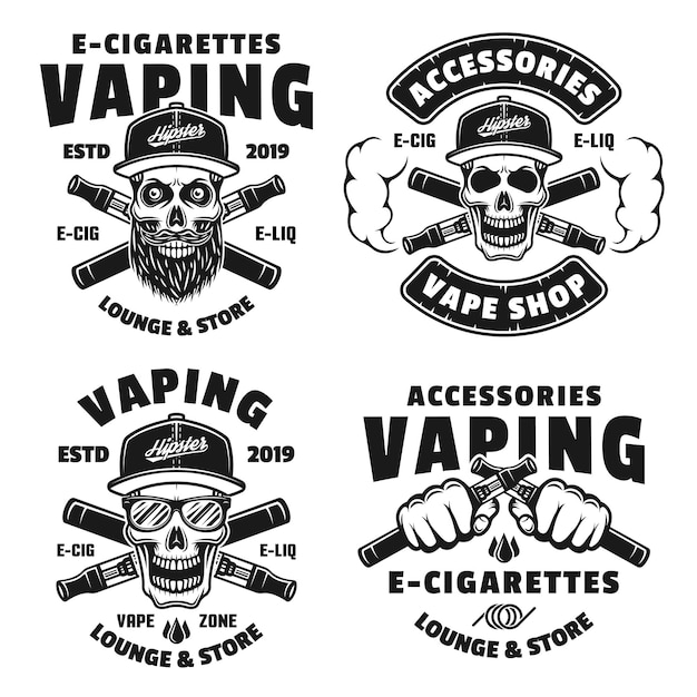 Vettore set di quattro vaping e sigarette elettroniche vettore emblemi monocromatici, etichette, distintivi o loghi isolati su sfondo bianco