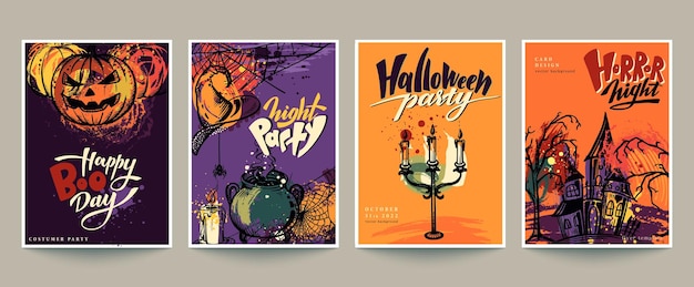 Vector set of four vector halloween premade cards or posters with hand drawn elements and abstract texture