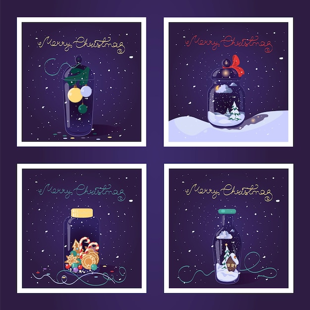 Set of four vector illustrations on the theme of Christmas. Magic jars with a fairy tale inside.