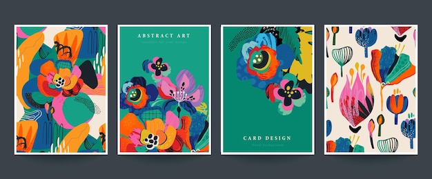 Set of four vector premade cards or posters in modern abstract style with nature motifs flowers leaves and hand drawn texture