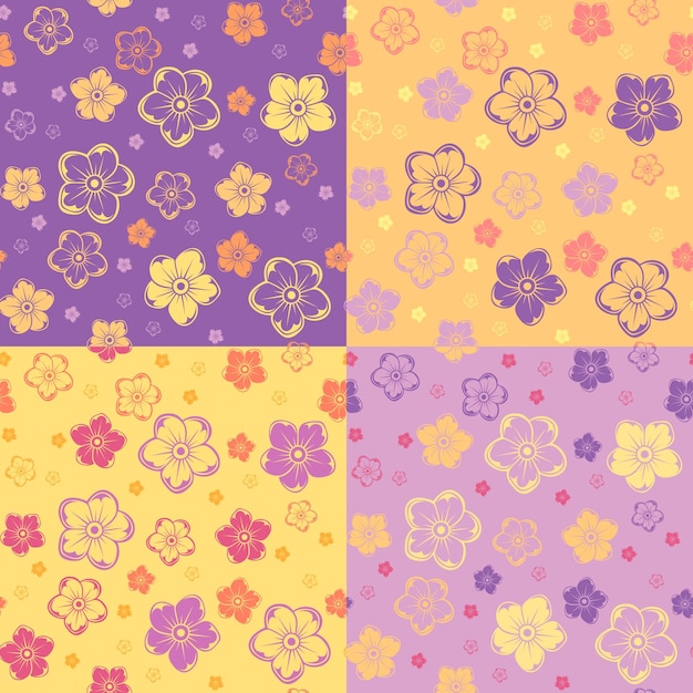 Set of four vector seamless patterns of various colors with flowers