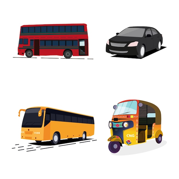 Set of Four Vector Vehicles doubledecker bus sedan car tuktuk on white background