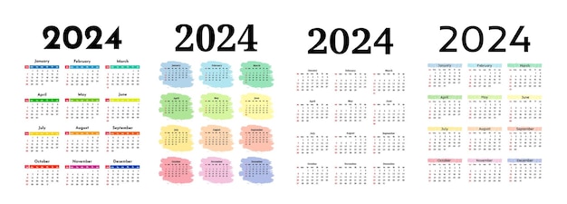 Набор из четырех вертикальных календарей на 2024 год, выделенных на белом фоне, от воскресенья до понедельника.