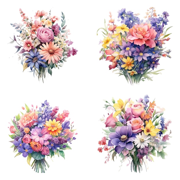 Vettore un set di quattro mazzi di acquerelli con fiori.