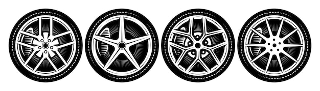 Набор из четырех колес с разными ободами. Шаблон для дизайна. Монохромная векторная иллюстрация.