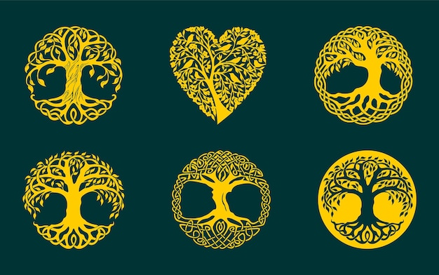 Набор из четырех желтых сердечек со словами "дерево" посередине.