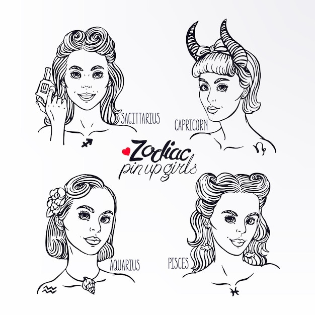 Set of four zodiac signs as a girls in the pin-up style. Hand-drawn illustration