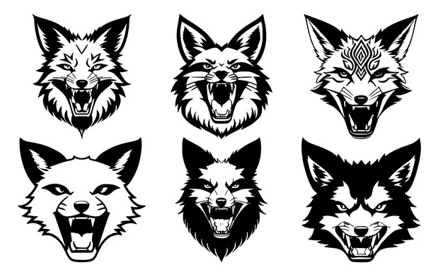 Set of fox heads with open mouth and bared fangs with different angry expressions of the muzzle symbols for tattoo emblem or logo isolated on a white background