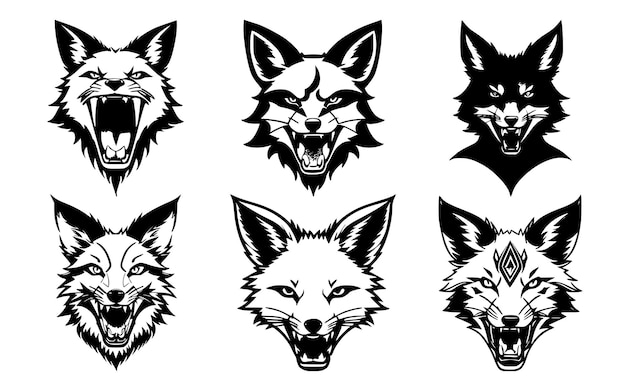 Set of fox heads with open mouth and bared fangs with different angry expressions of the muzzle Symbols for tattoo emblem or logo isolated on a white background