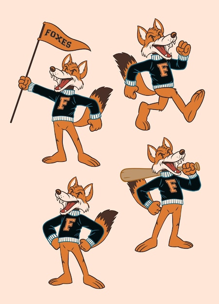 Set of Fox Sport Mascot in Vintage Retro Hand Drawn Style