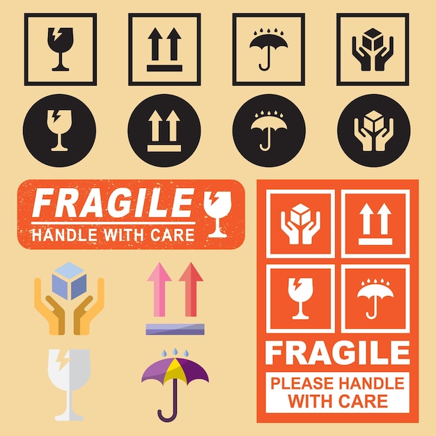 Set of fragile icons on cardboard Vector illustration