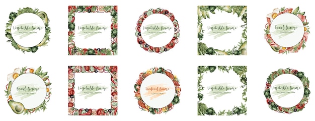 Vector a set of frames backgrounds with healthy food vegetables for the menu of cafes restaurants