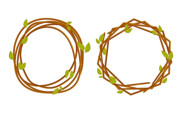 Set frames from wood branch with leaves spring garland from sticks cute decoration in cartoon